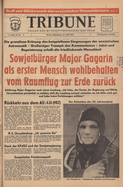 Гагарин в космосе: заголовки на первых полосах 13 апреля 1961 года